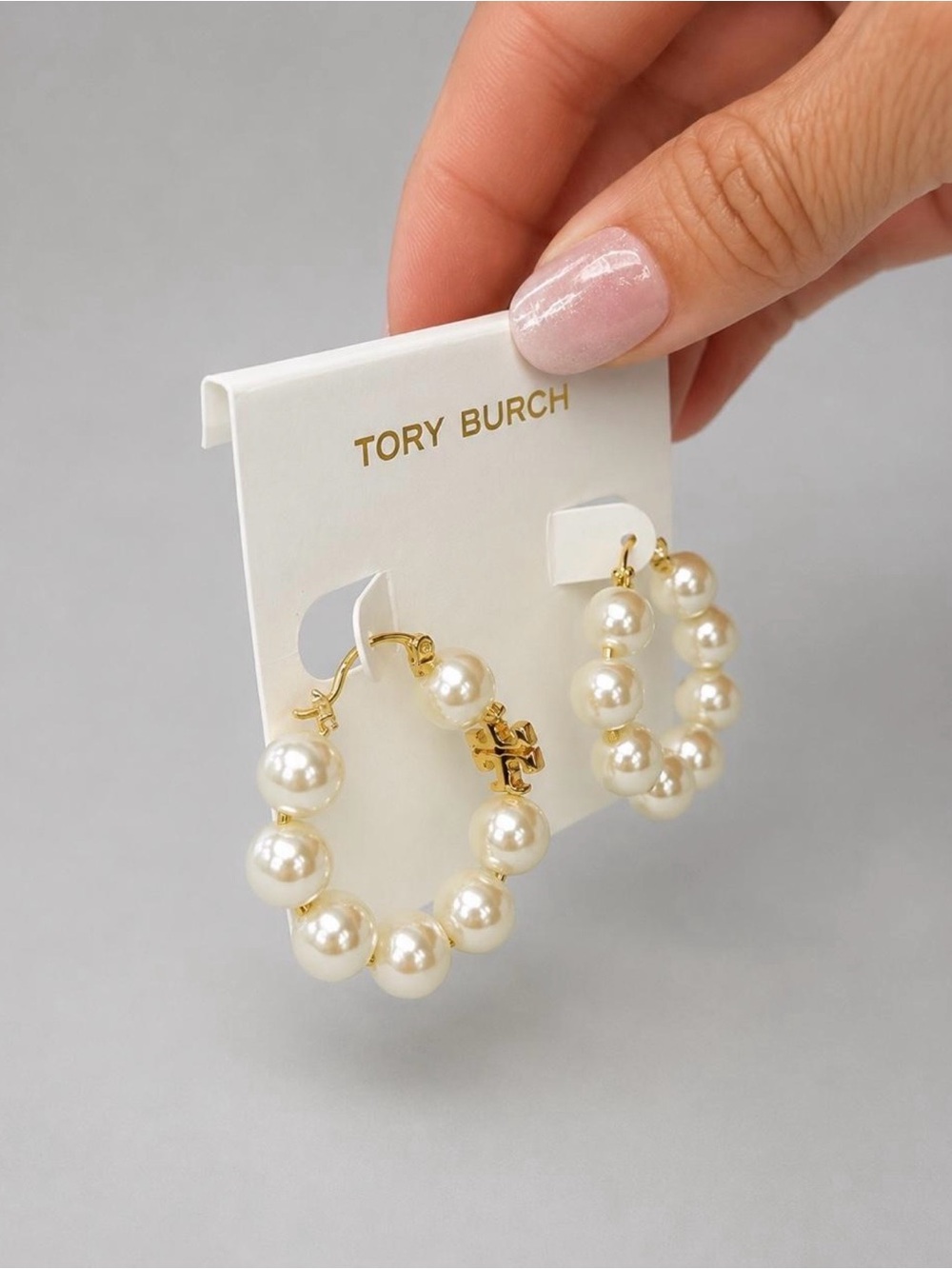 Tory Burch Gold and Ivory Pearl Hoop Earrings
